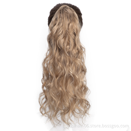 Aisi Hair Wholesale Long Wavy Wrap Around Ponytail Hairpieces Long Body Wave Brown Synthetic Ponytails Hair Extensions For Women